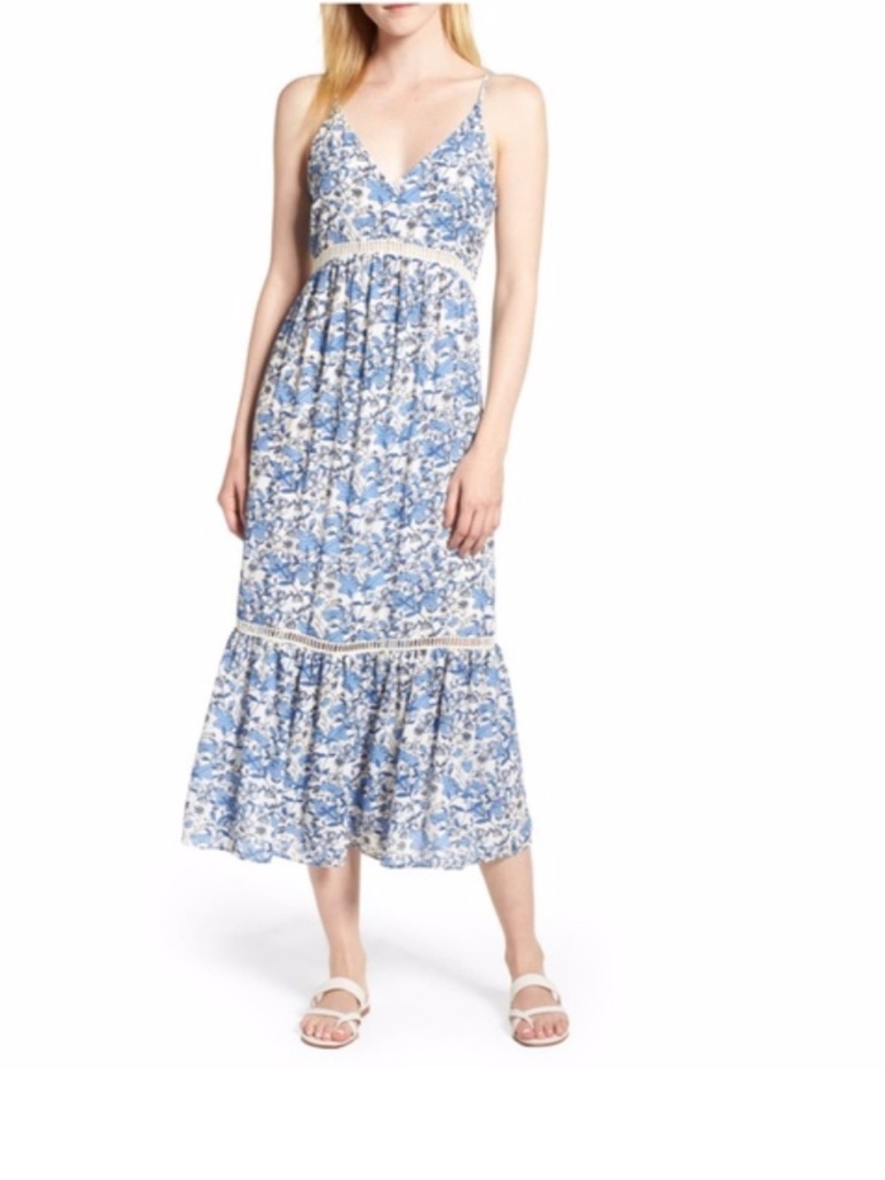 Floral Blue Midi Sundress with Lace Trim